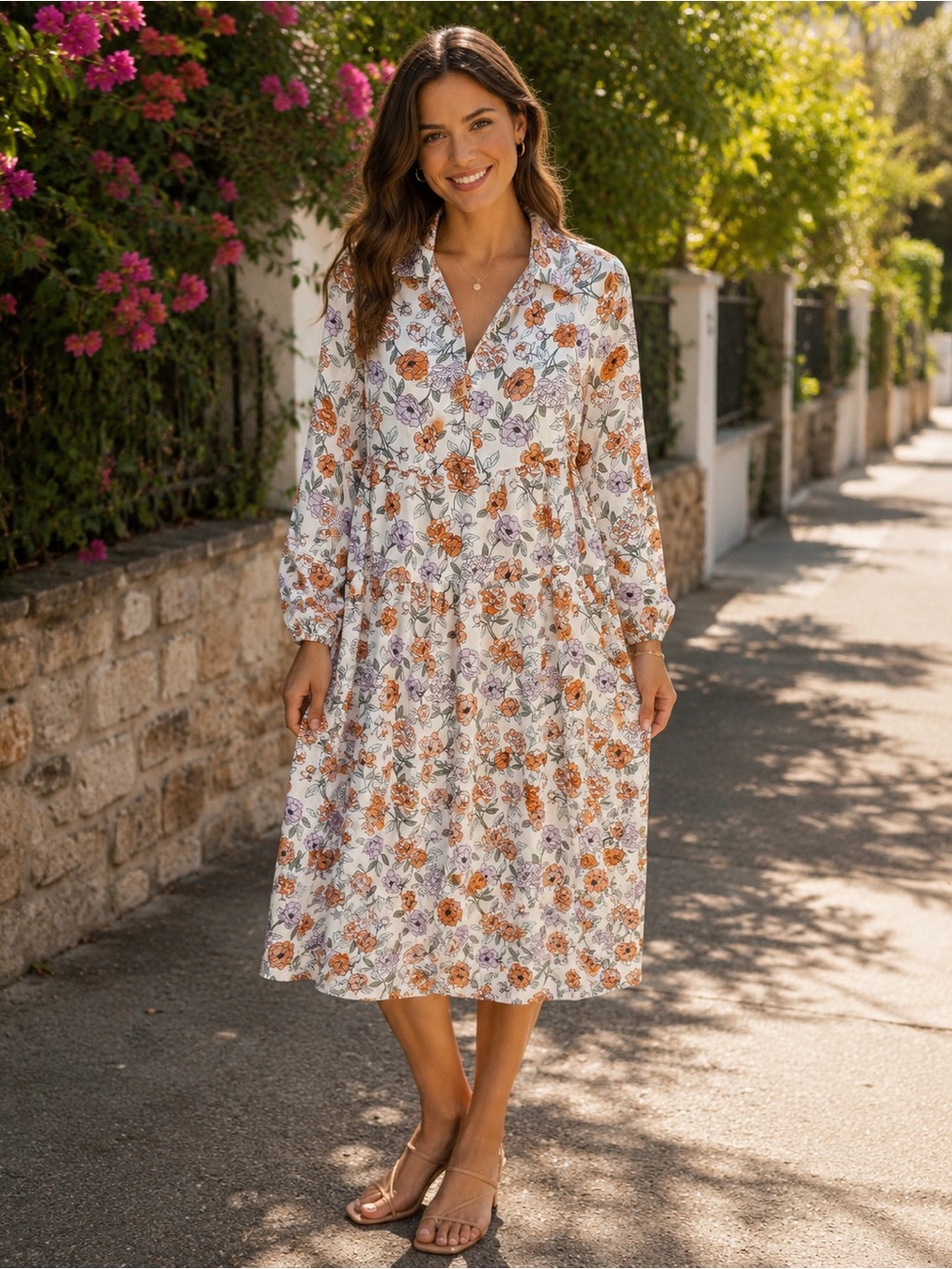 V-Neck White Midi Dress with Orange & Purple Floral Print